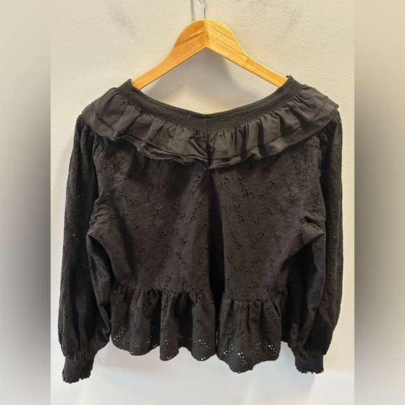 Y.A.S ‘Milda’ Black Floral Eyelet Ruffle V-Neck XL Peplum Top Cotton Long-Sleeve - Picture 3 of 9